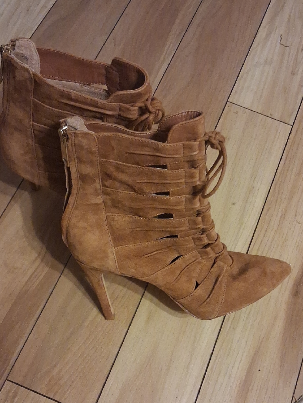 Joie Cognac Suede Strappy Lace-Up Ankle Boots